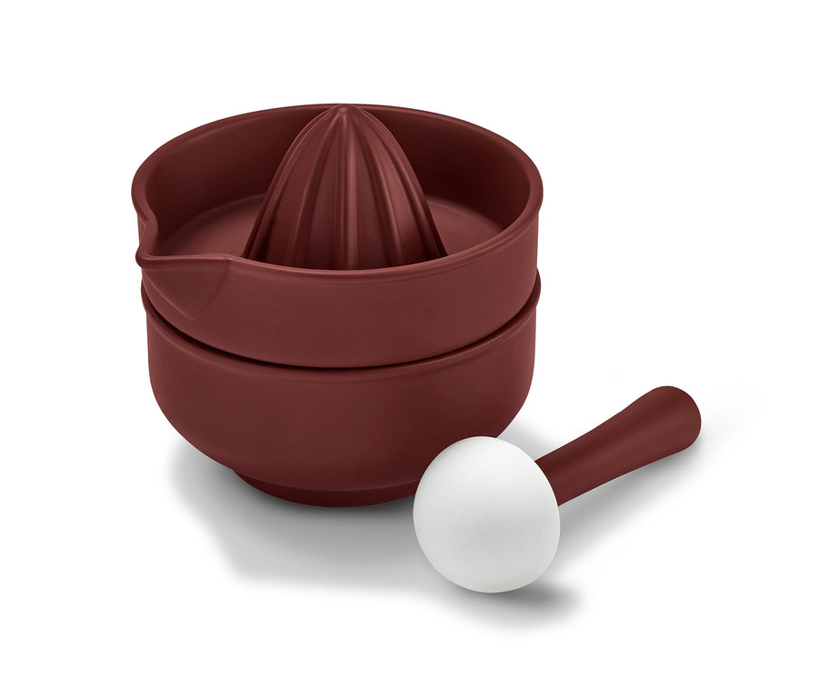 Ein roter 2-in-1: Mörser und Zitruspresse.