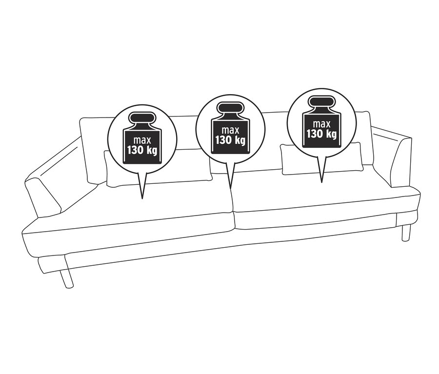 Illustration eines braunen 3-Sitzer-Sofas mit Hocker und grafischen Elementen mit einem maximalen Gewicht von 130 kg.