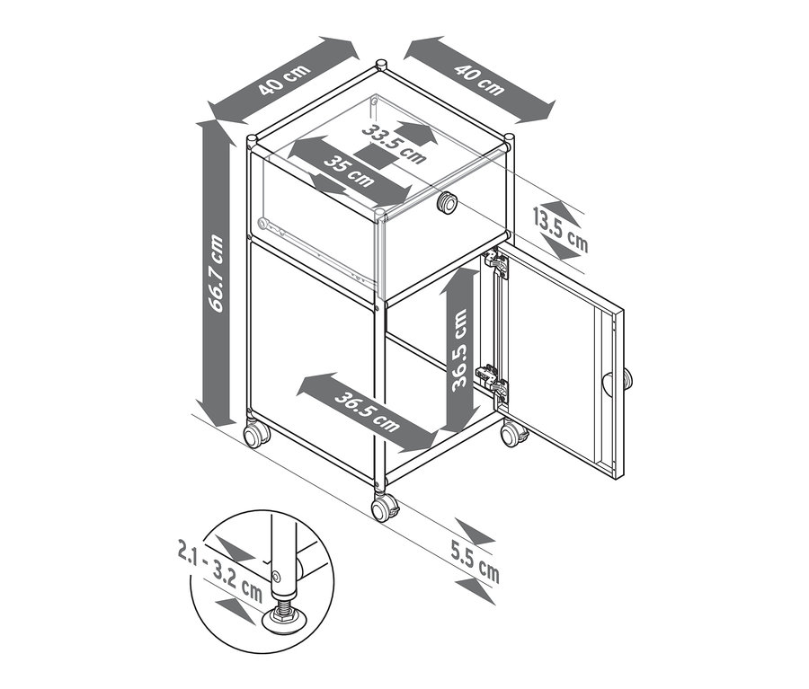 Abbildung eines Rollcontainers »CN3« mit Schublade und Tür, weiß, mit Maßangaben.