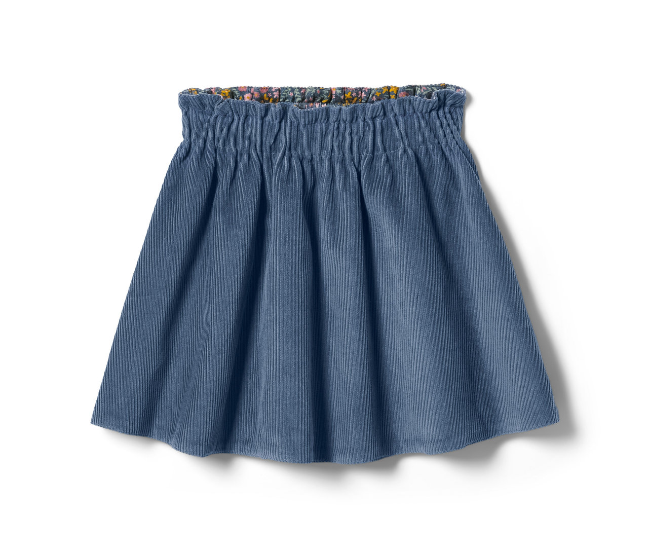 Blauer Cord-Wenderock mit Blumenbund.