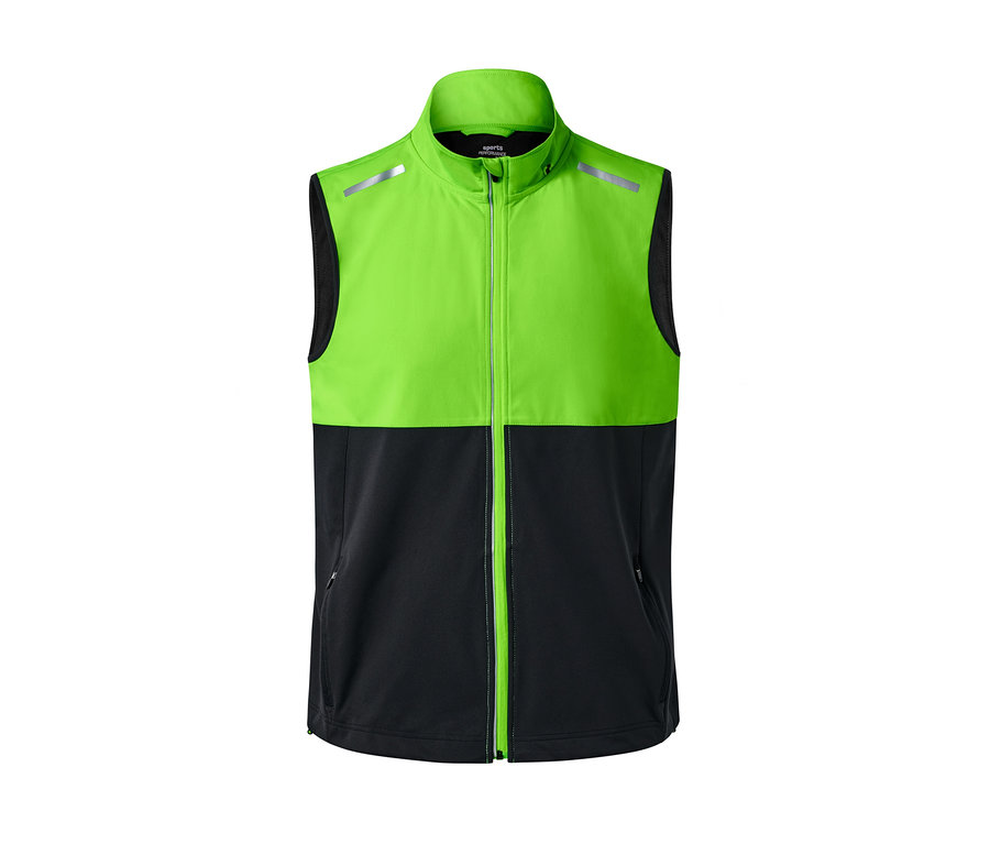Die Softshell-Funktionsweste ist zweifarbig, der obere Teil ist neongrün, der untere schwarz. Die Weste hat einen durchgehenden Reißverschluss und reflektierende Elemente.