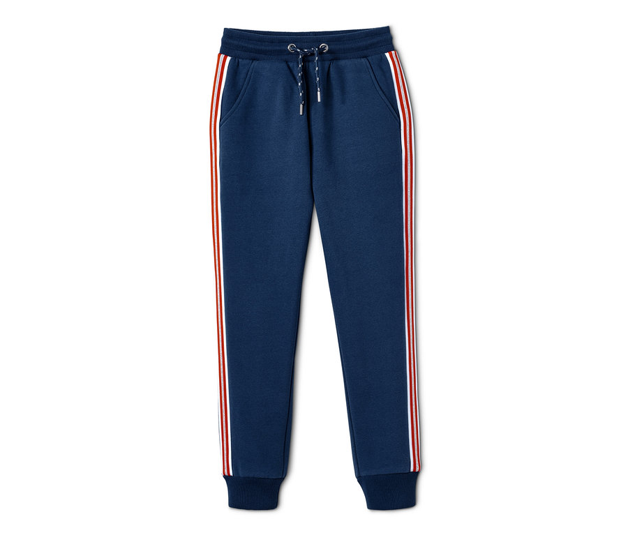 Marineblaue Sweathose mit roten und weißen Streifen an den Seiten.