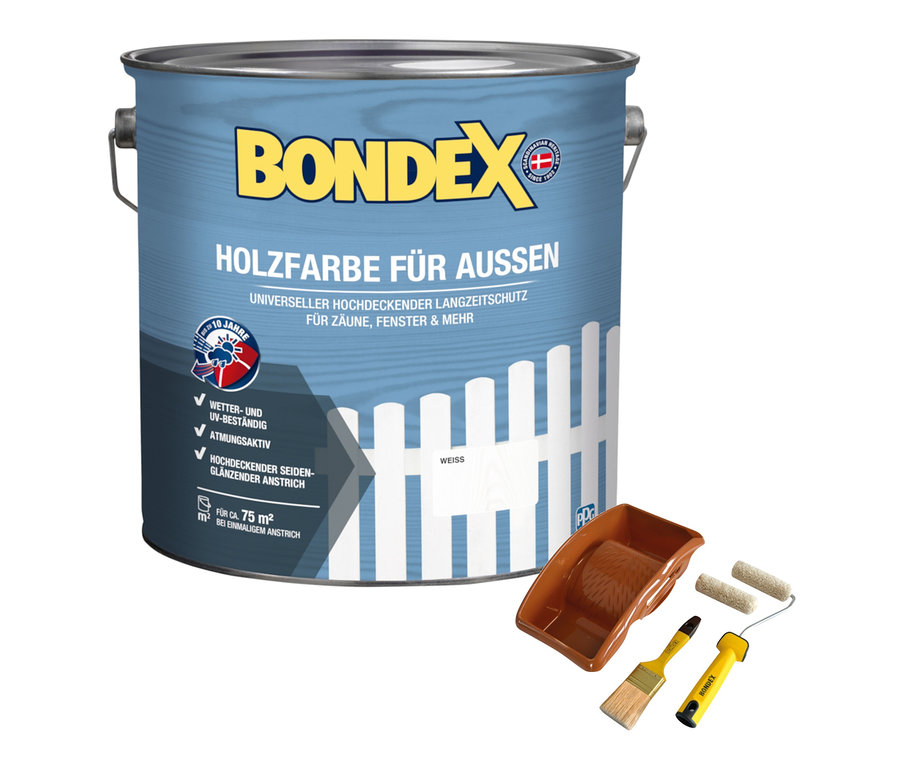Dose Bondex Holzfarbe für Aussen, 7,5 l, inkl. Verarbeitungs-Set, weiss.