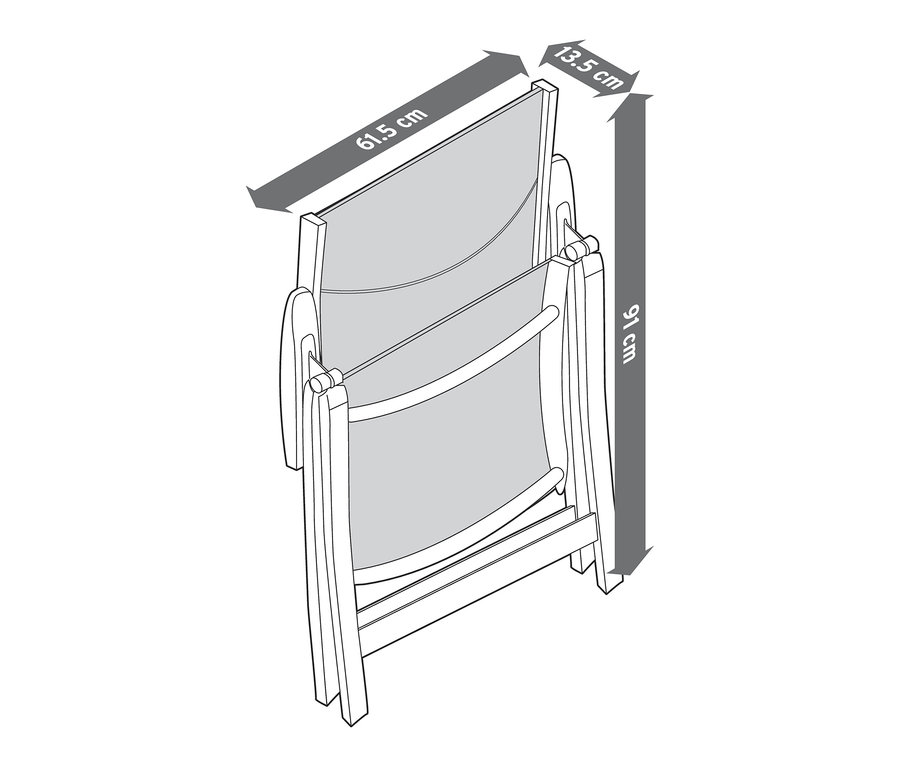 Illustration eines zusammengeklappten Hochlehners mit verstellbarer Rückenlehne und den Maßen 61,5 x 13,5 x 91 cm.