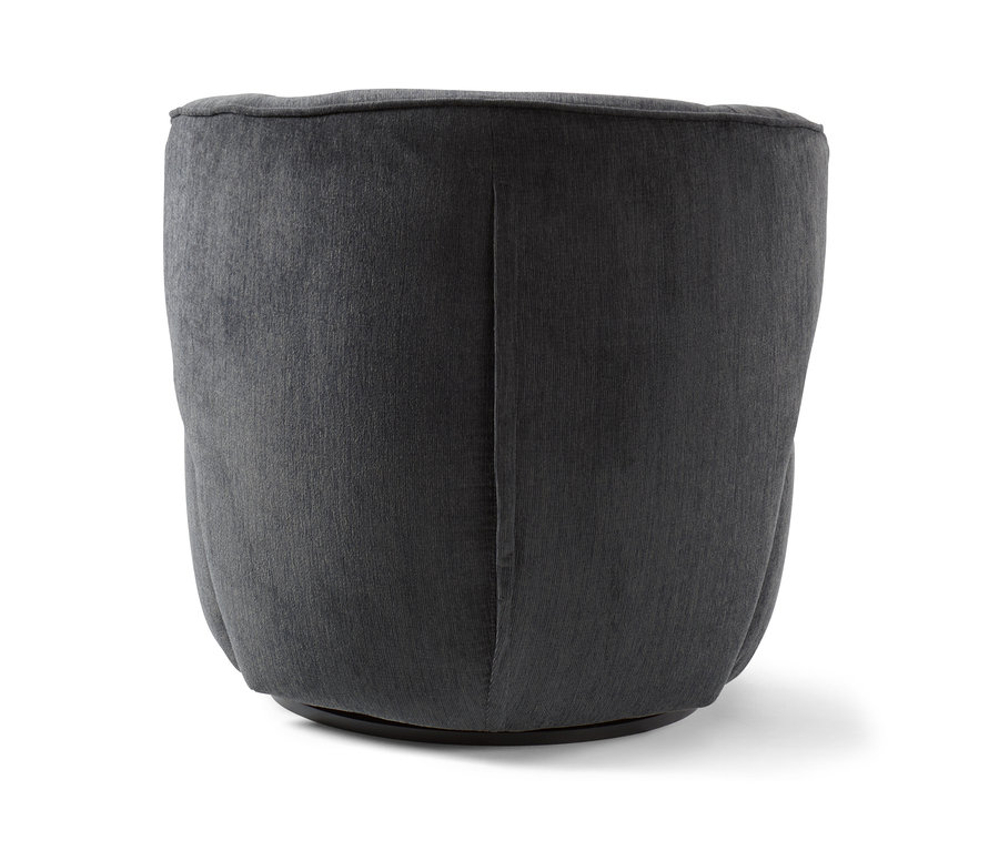 Detailansicht der Rückseite eines anthrazitfarbenen Sessels mit Drehfunktion.