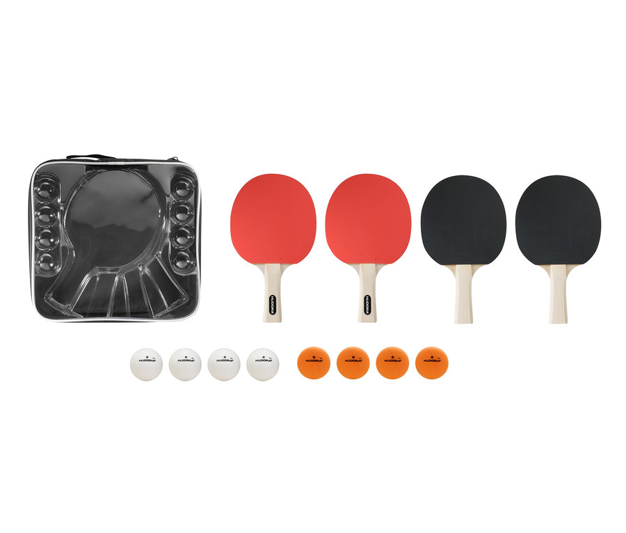 HUDORA Tischtennis-Set »Friends«: Tasche, zwei rote und zwei schwarze Schläger, sechs weiße und orangefarbene Bälle.