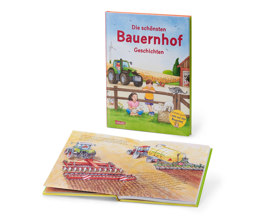 Das Buch »Die schönsten Bauernhofgeschichten« zeigt Illustrationen von Landmaschinen und Kindern auf einem Bauernhof.