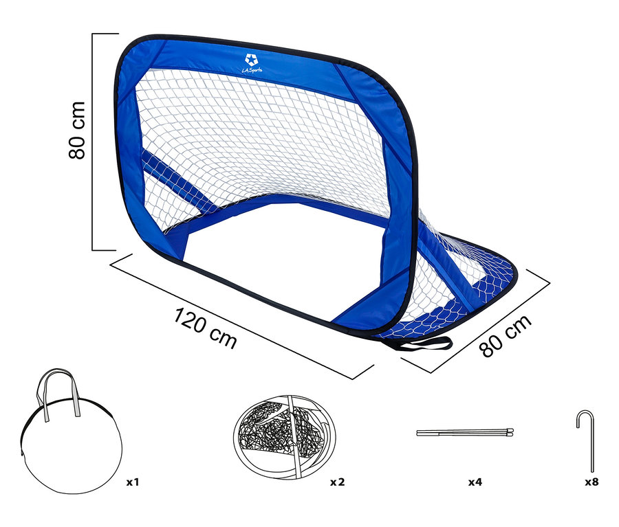 Blaues L.A. Sports Pop-Up-Fußballtor mit weißem Netz, 80 cm hoch und 120 cm breit.