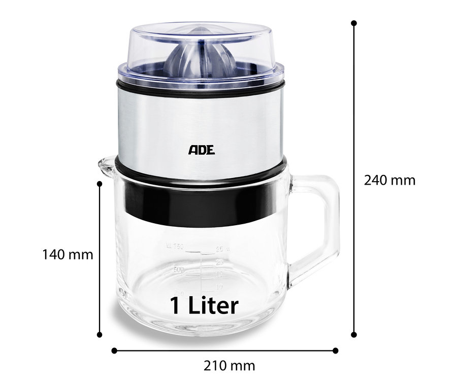 ADE Elektrische Saft-und-Zitruspresse »KA1803« in Silber mit transparentem Behälter und Maßangaben.