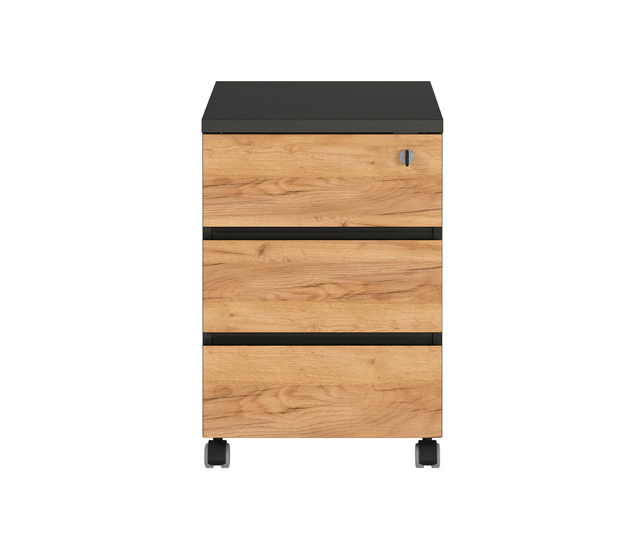 Detailansicht des Rollcontainers »Lissabon« mit Holzschubladen und schwarzer Oberseite.