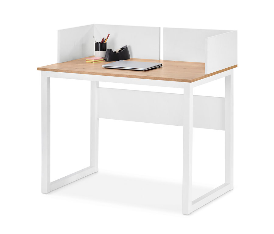 Weißer Sekretär mit seitlicher Umrandung, darauf ein Notebook, daneben Stift, Bleistift und Klebeband.