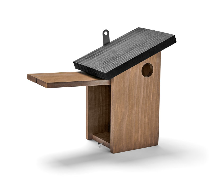 Modernes Vogelhaus mit schwarzem Dach und braunem Sockel.