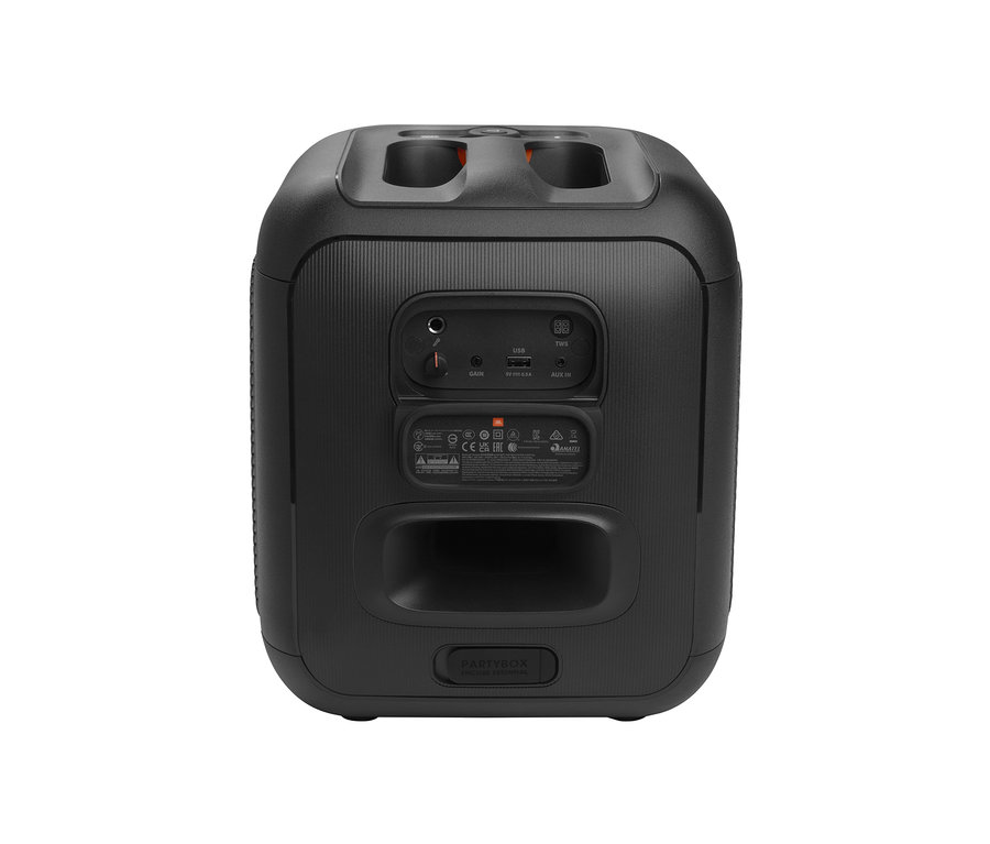 Detailansicht der Rückseite eines schwarzen JBL PartyBox Encore Bluetooth®-Lautsprechers mit Akku und Mikrofon.