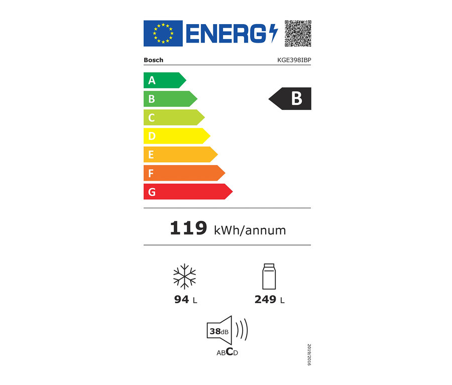 Energielabel der Bosch Kühl-Gefrierkombination »KGE398IBP«, Klasse B, Verbrauch 119 kWh/Jahr.