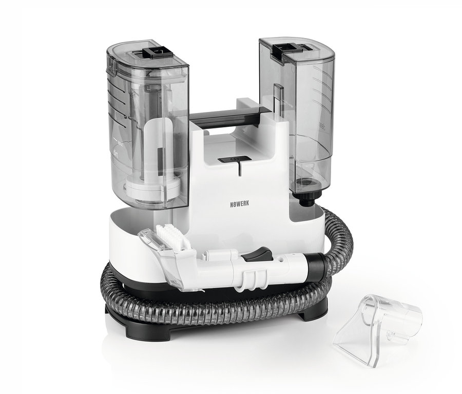 Weißer N8Werk Teppich- und Polsterreiniger mit transparenten Wasserbehältern.