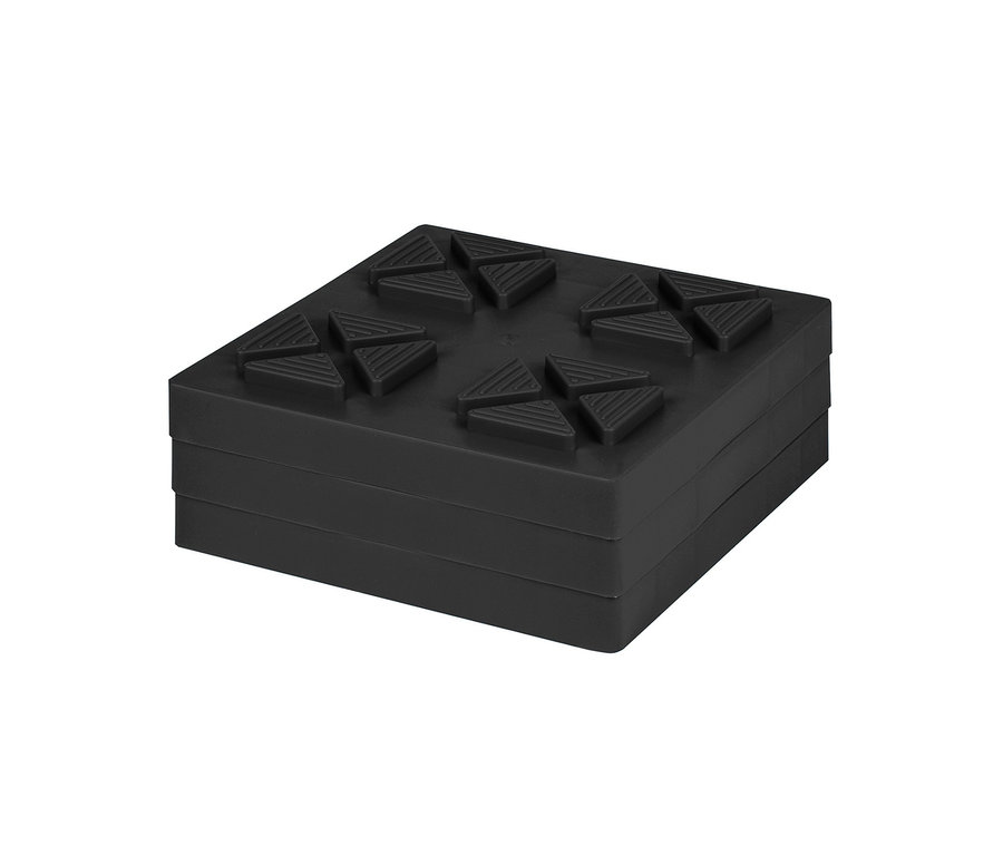 Ein quadratisches, schwarzes 10-teiliges EAL Ausgleichskeil-Set, gestapelt.