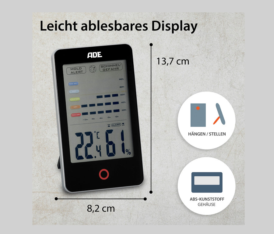 Ein schwarzes ADE Digitales Hygrometer mit Schimmelalarm zeigt 22,4 Grad Celsius und 61 % Luftfeuchtigkeit an.