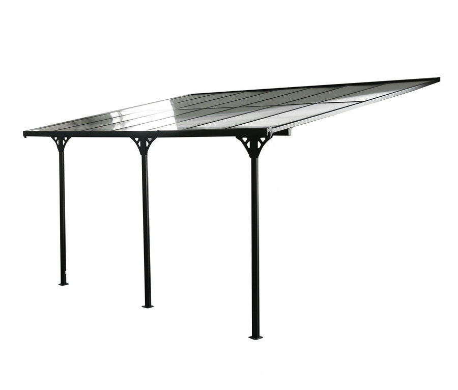 Anthrazitfarbene Terrassenüberdachung, Breite ca. 435 cm.