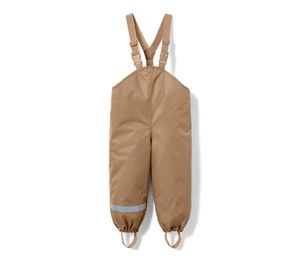 Braune Kinder-Thermo-Regenhose mit Latz und Reflexstreifen am Hosenbein.