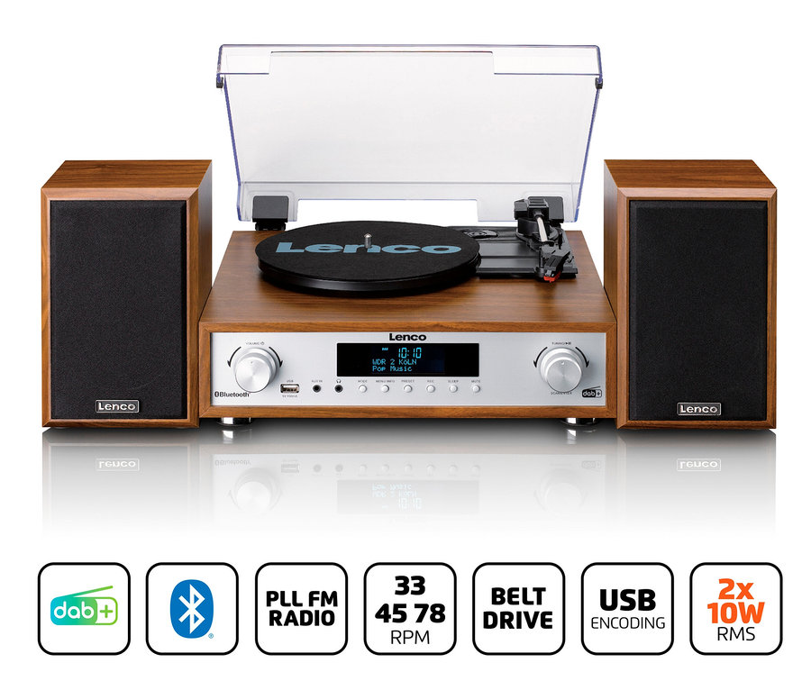 Braune Lenco Stereoanlage mit Plattenspieler und zwei Lautsprechern.