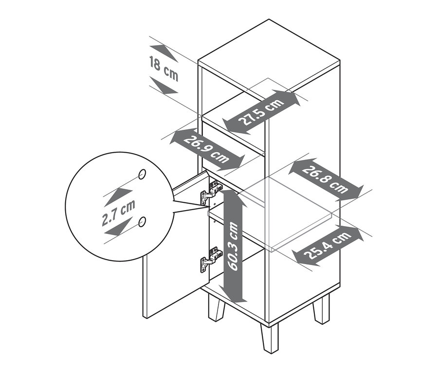 Eine Skizze eines schmalen Badezimmer-Beistellschranks mit Schublade und Tür, mit hervorgehobenen Maßen.
