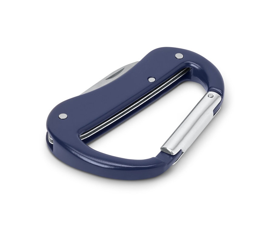 Ein blaues 5-in-1-Karabiner-Multitool mit einer Messerklinge.