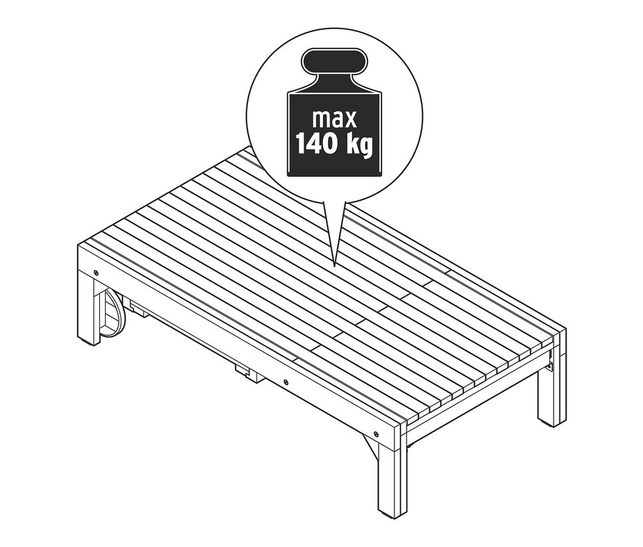 Illustration einer Ausziehcouch mit der Aufschrift max. 140 kg.