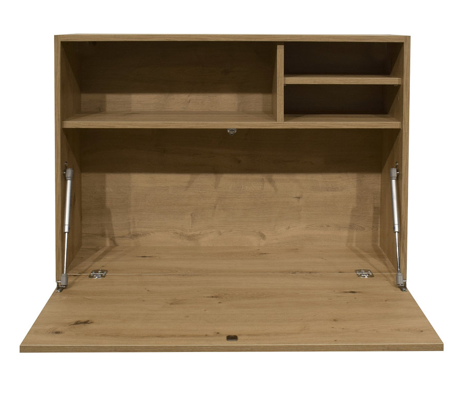 Geöffneter Hängeschrank in Eiche naturfarben mit Regalböden.