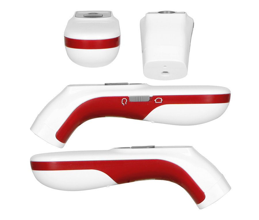 Detailaufnahme eines weißen und roten Infrarot-Stirnthermometers.