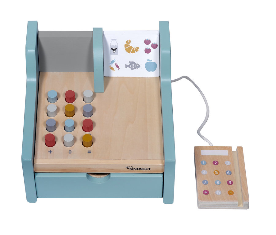 Hölzerne Spielkasse mit bunten Tasten und Lebensmittelbildern.