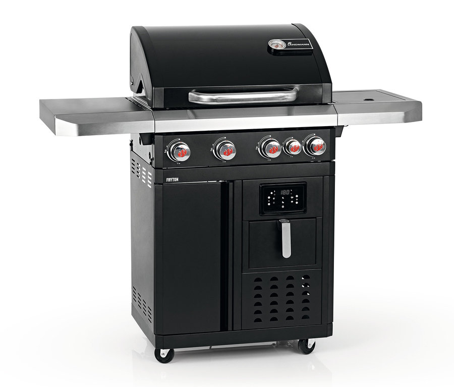 Schwarzer Landmann Gasgrill »Fryton 4.1 cook« vor weißem Hintergrund.