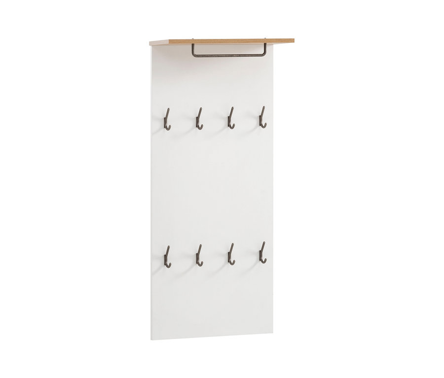 Weiße Garderobe »Marit« mit acht Haken und einem Holzregal.