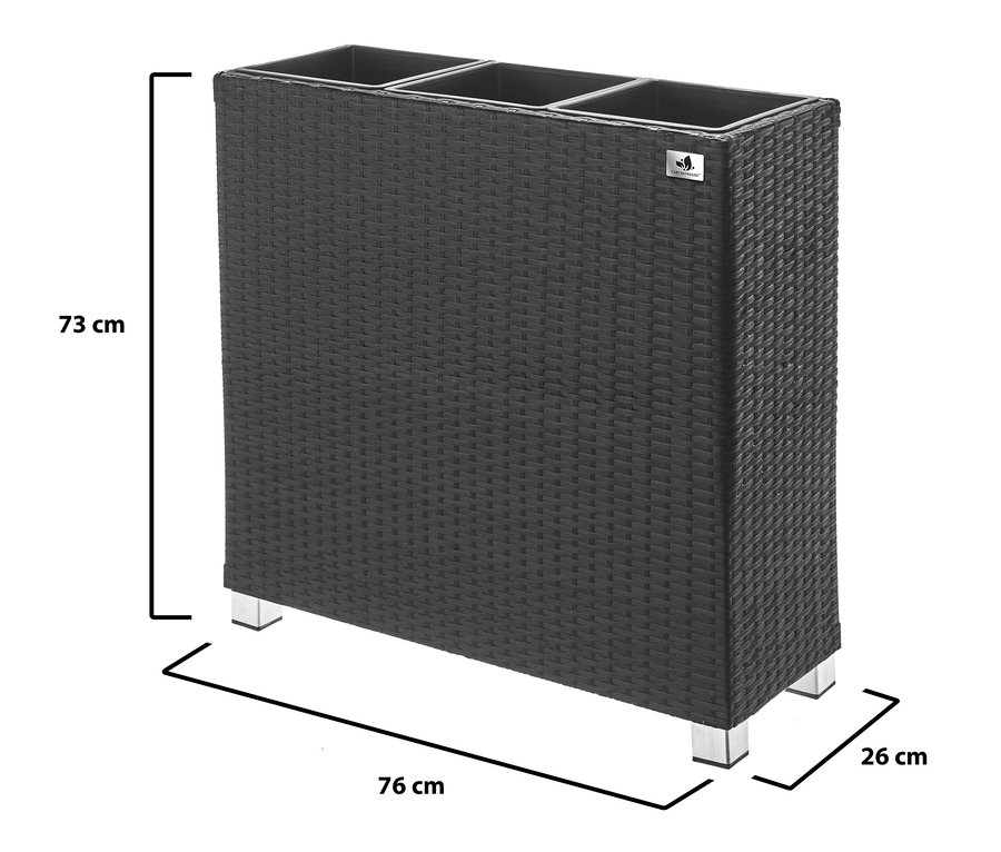 Anthrazitfarbener 2-in-1-Pflanzgefäß-und-Raumteiler aus Polyrattan, ca. 73 x 76 cm.
