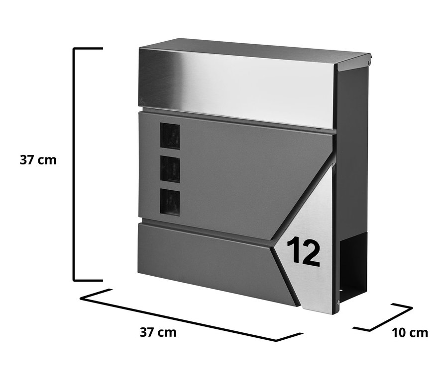 Detailansicht eines AMARE Briefkastens mit Zeitungsfach, edelstahlfarben-anthrazit.