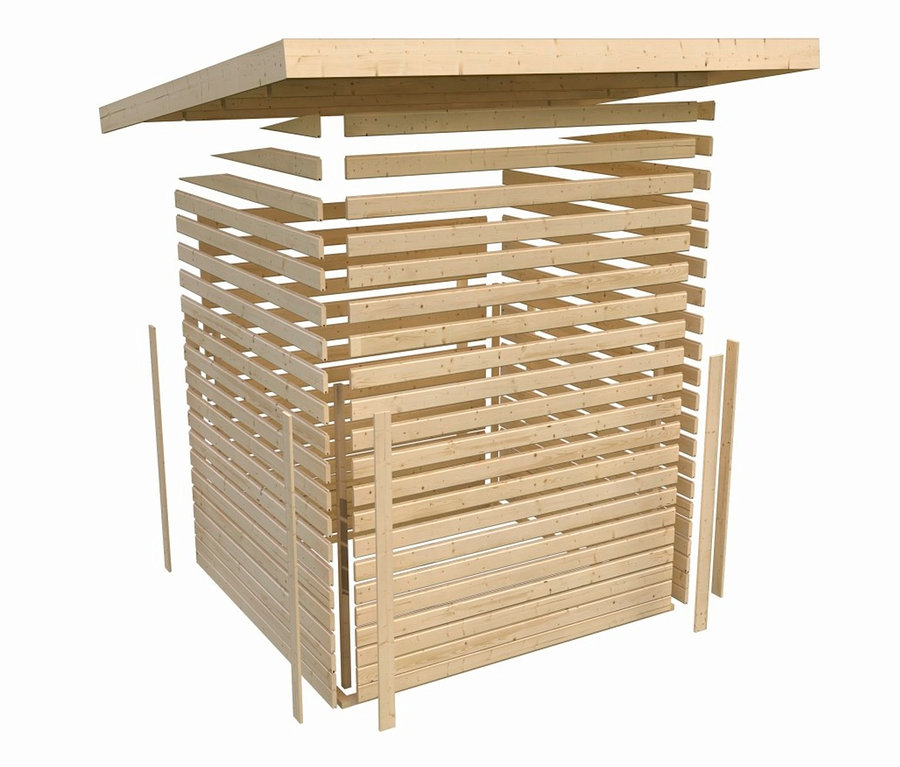 Unfertiges Karibu Gartenhaus, 28 mm, (Katje 3) aus Holz vor weissem Hintergrund.