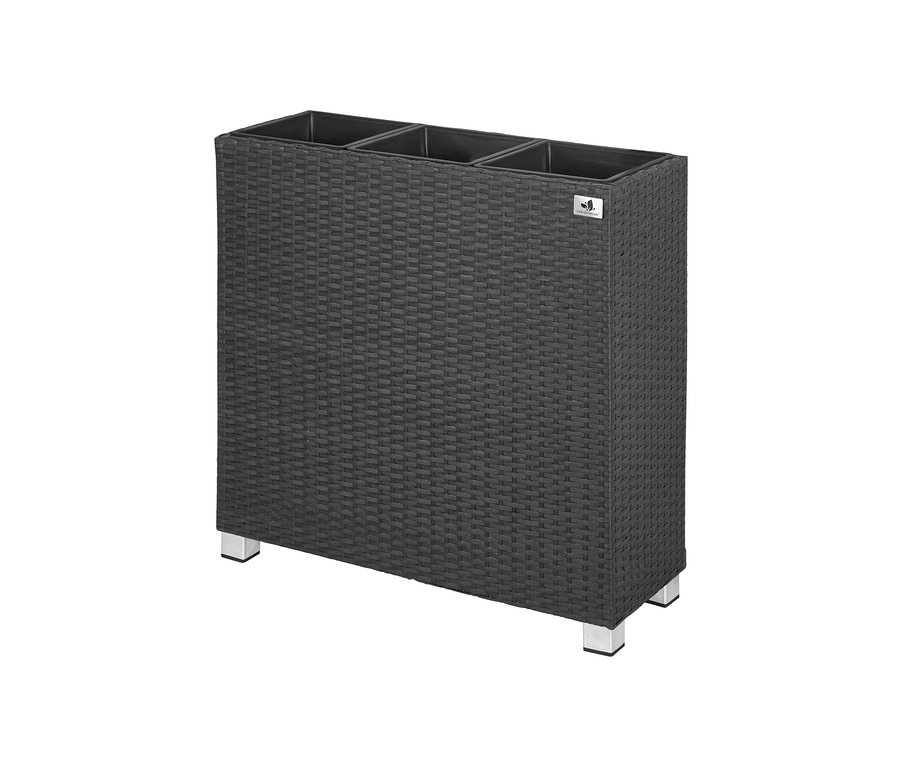 Anthrazitfarbener 2-in-1-Pflanzgefäß und Raumteiler aus Polyrattan, ca. 73 x 76 cm.