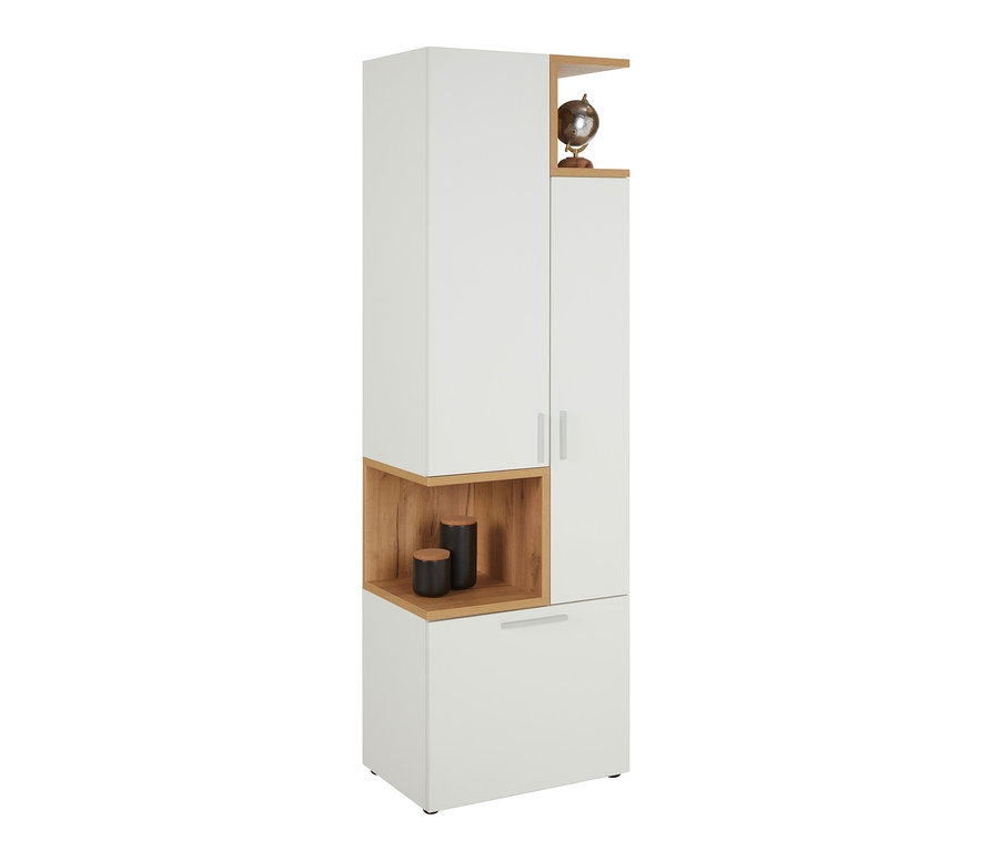 Schmale, weiße Vitrine »Nonza« mit Holzdetails und Dekorationen.