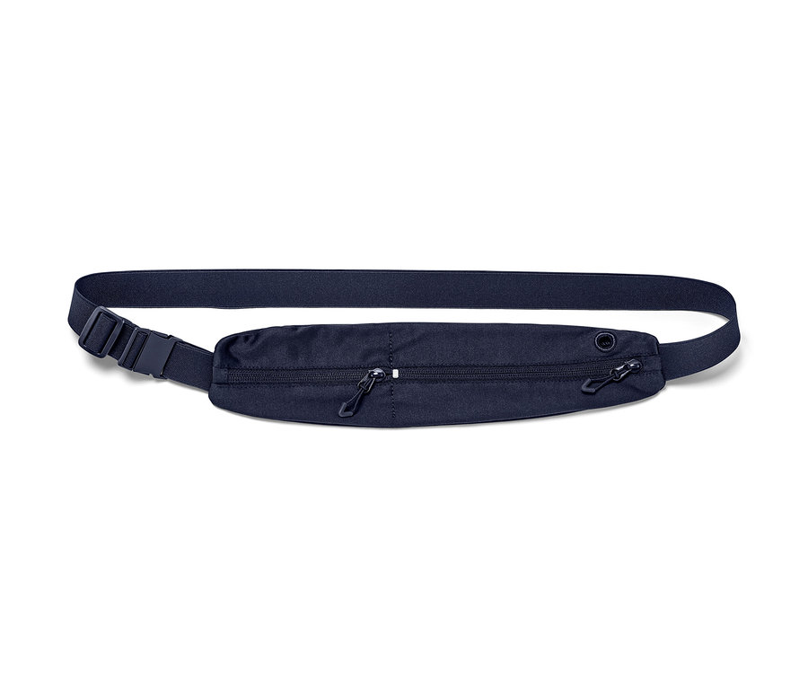 Marineblauer Sportgürtel mit verstellbarem Riemen und zwei Reissverschlusstaschen.