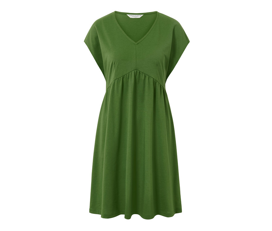 Ein grünes Jerseykleid mit V-Ausschnitt.