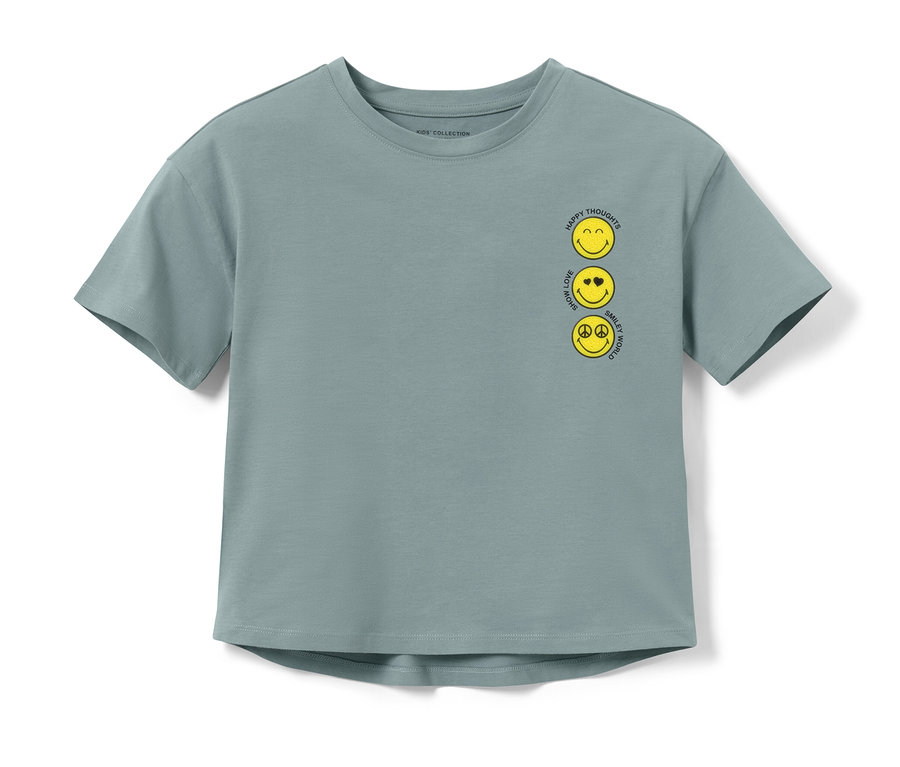 Blaugrünes Kurzarm-T-Shirt mit vertikal aufgedruckten drei gelben Smileys.