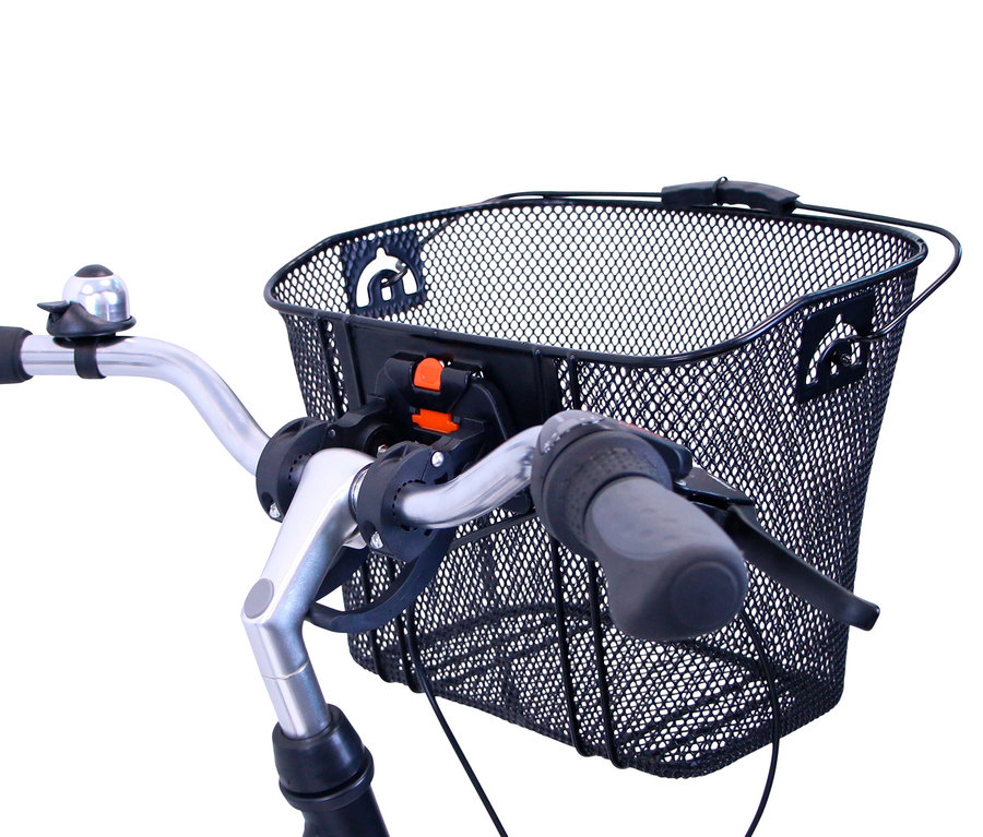 Detailaufnahme des Lenkers und des Korbs eines HAWK Bikes City Wave Premium Plus, schwarz.