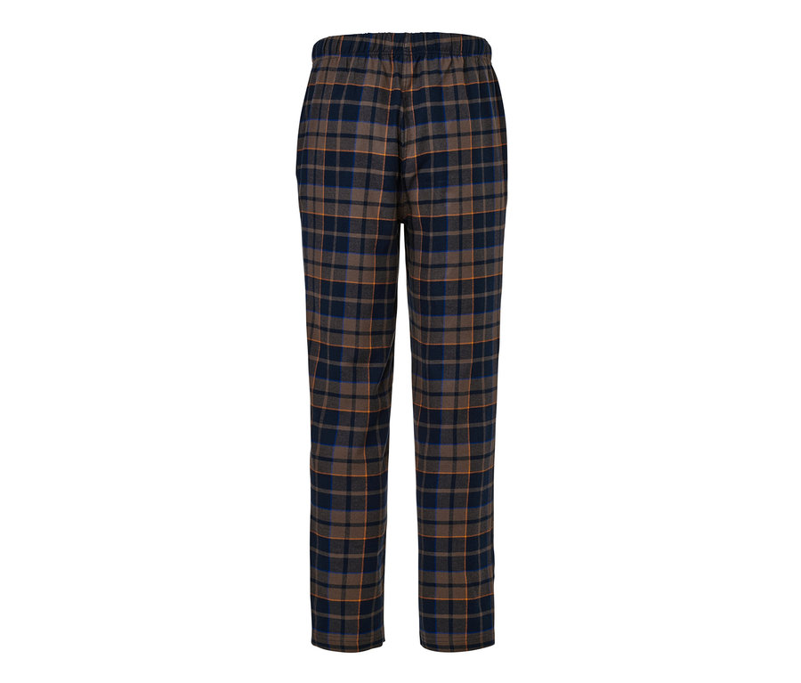 Eine braune Flanell-Relaxhose mit blau-orangefarbenem Karomuster.