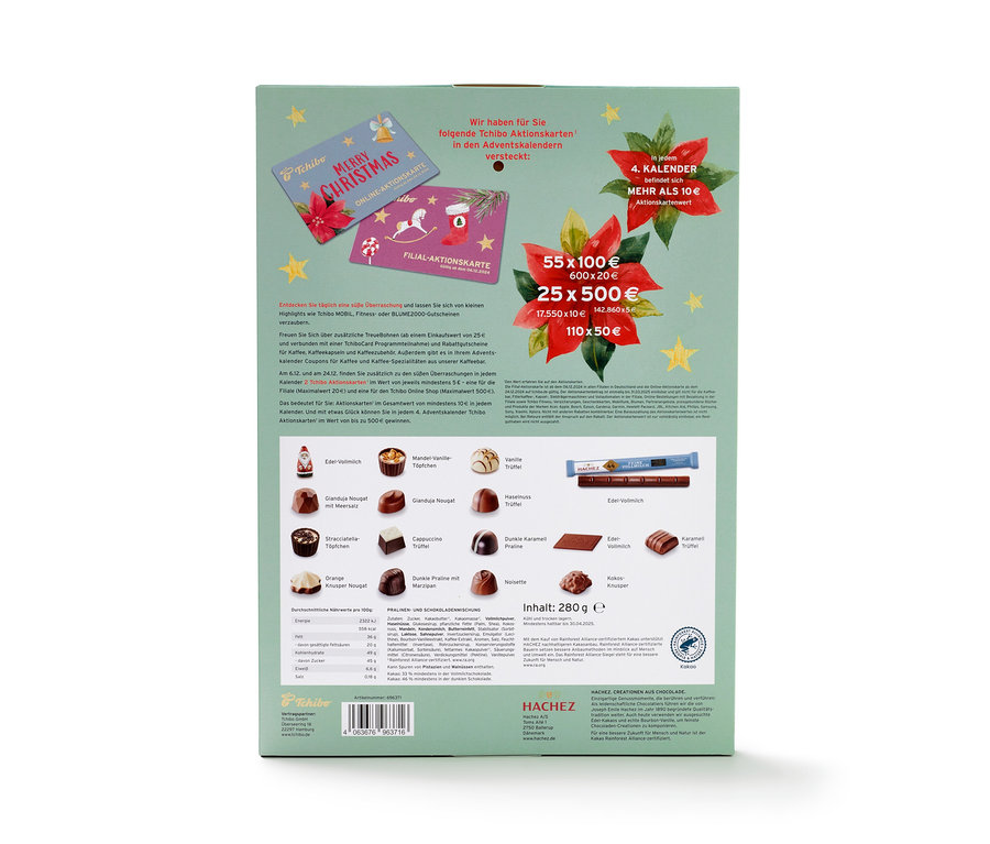 Tchibo Adventskalender mit verschiedenen Pralinen.