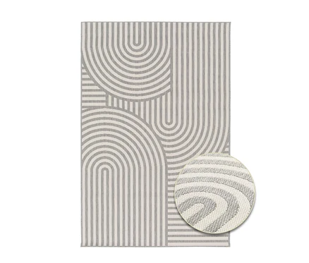 Grau-weißer Outdoor-Teppich »Arc Symphony« mit geometrischem Bogen- und Linienmuster.