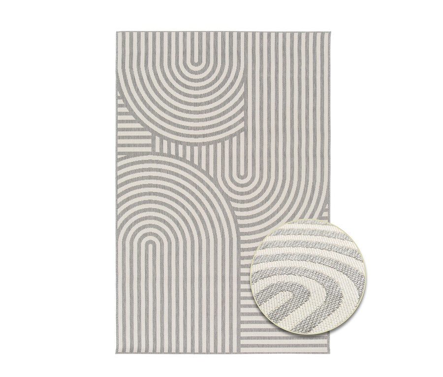 Grau-weißer Outdoor-Teppich »Arc Symphony« mit geometrischem Bogen- und Linienmuster.
