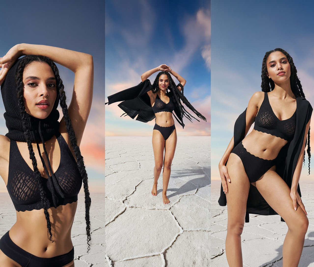 Frau trägt sloggi ZERO Feel Bliss Soft BH in Schwarz vor Himmel.