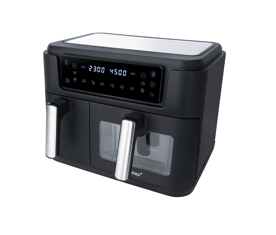 Eine schwarze Steba Doppel-Heißluftfritteuse mit Display.