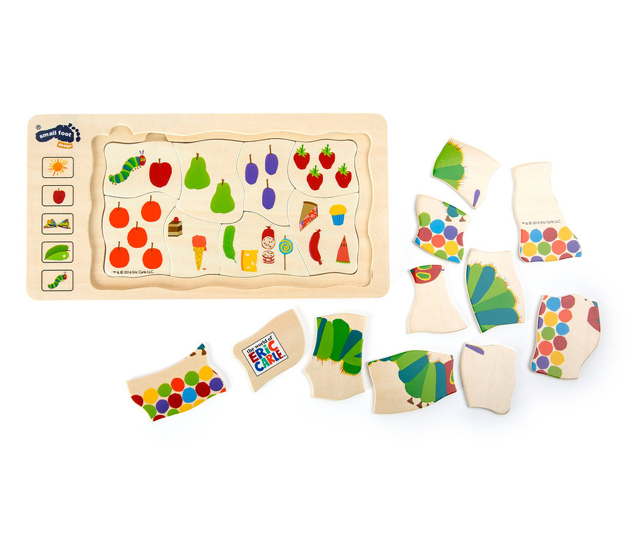 Holzpuzzle small foot Spiel-Set »Raupe Nimmersatt« mit Abbildungen von Obst, Süßigkeiten und einer Raupe.