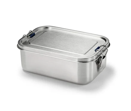 Eine silberne To-go-Lunchbox aus Edelstahl.