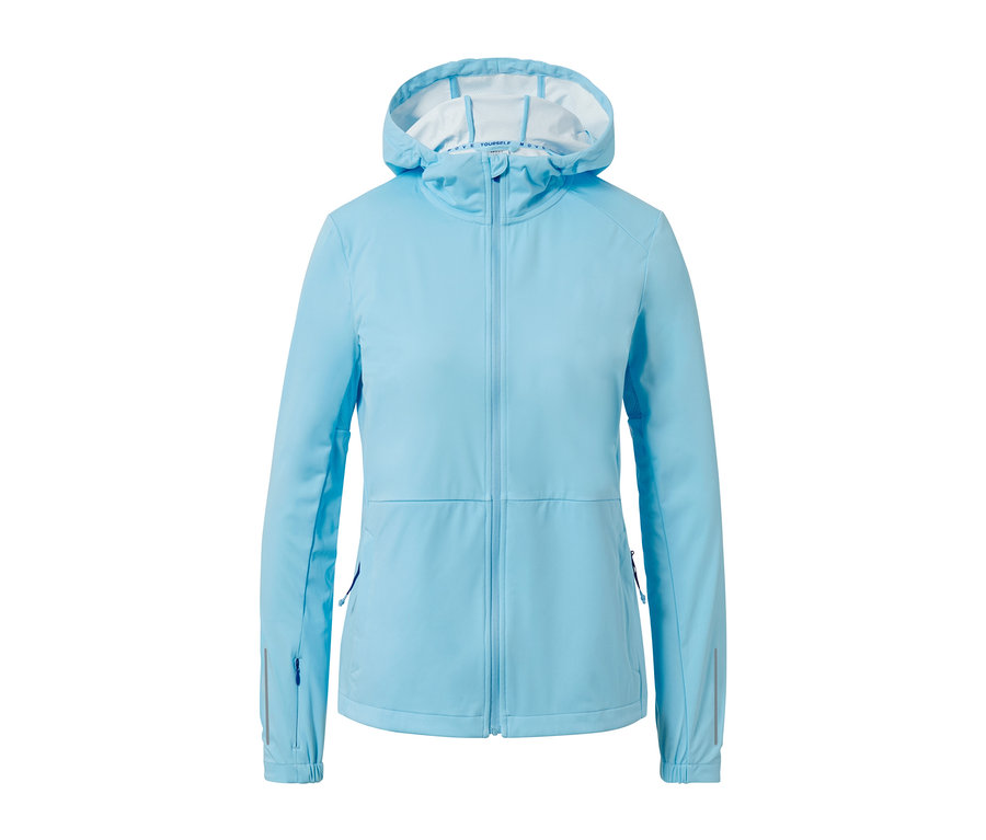 Hellblaue Laufjacke mit Reißverschluss und Kapuze.